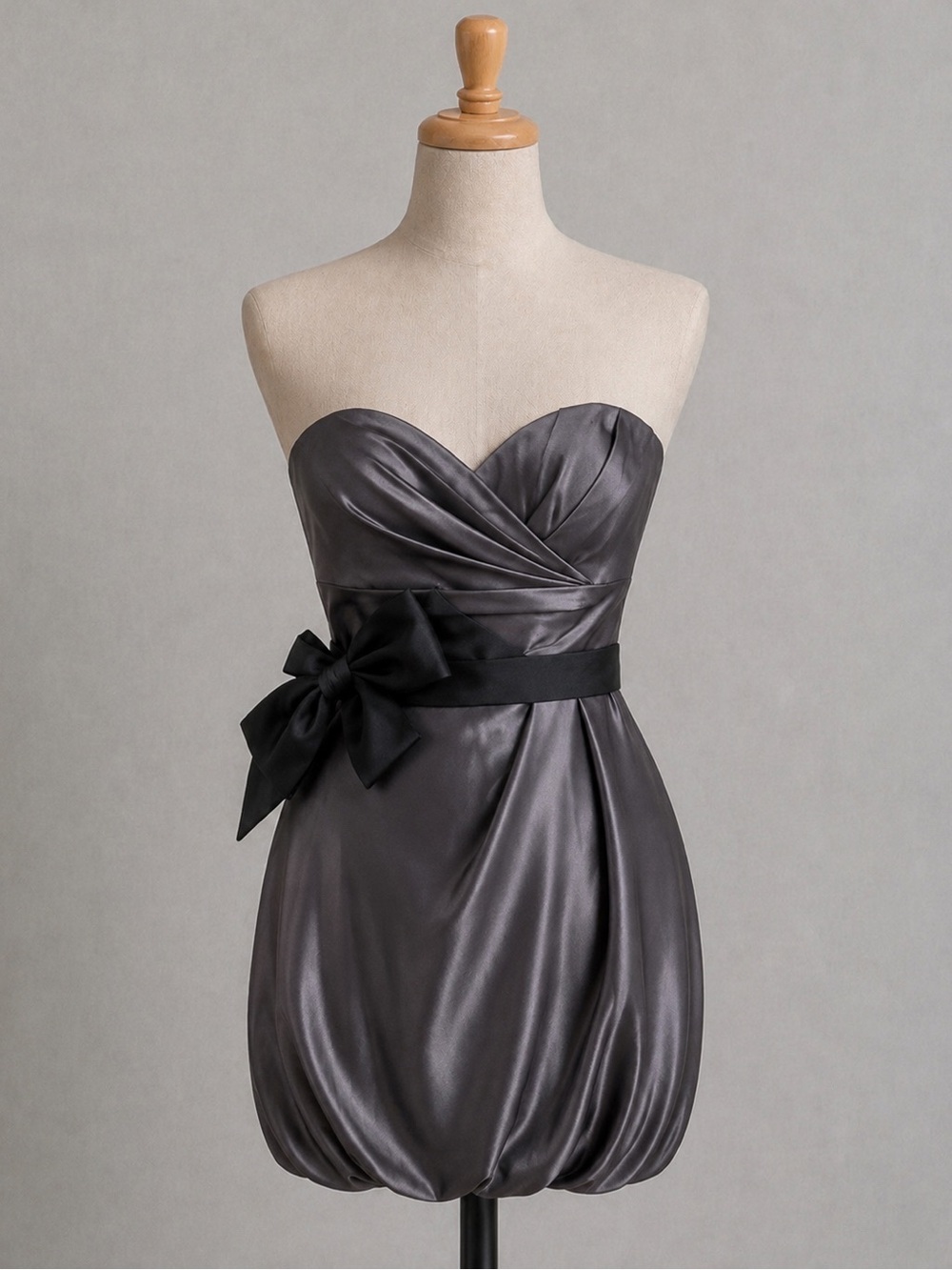 Love Strapless Satin Cocktail/Bridesmaid Dress in Gray with Black Bow